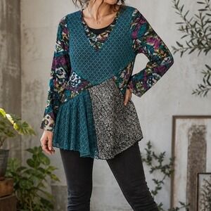 This and That Mixed Media Patchwork Tunic Top XXL Teal Purple Abstract Crochet